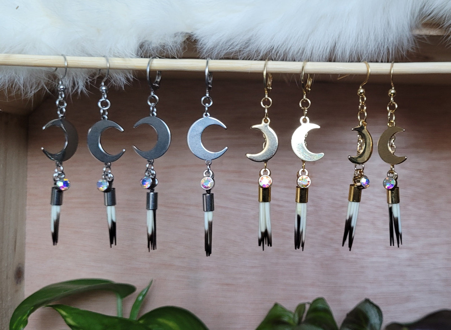 Gold/Silver Crescent Moon Porcupine Quill Dangle Earrings