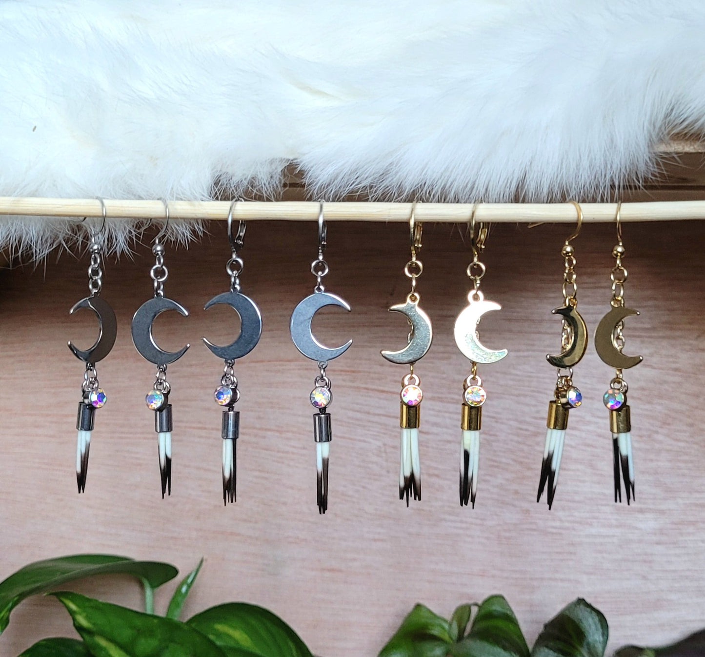 Gold/Silver Crescent Moon Porcupine Quill Dangle Earrings