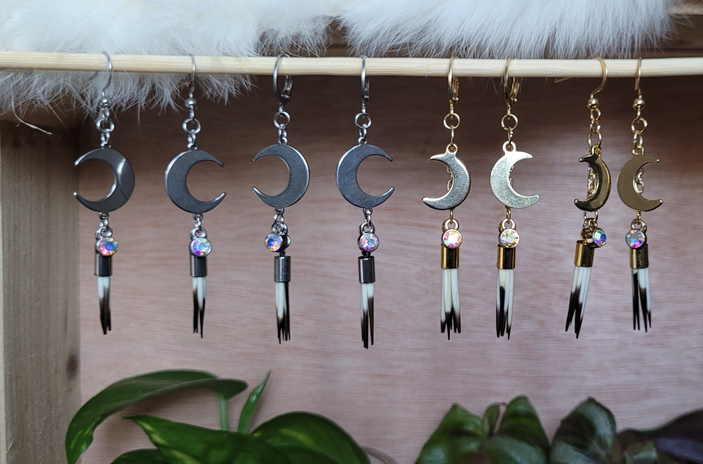 Gold/Silver Crescent Moon Porcupine Quill Dangle Earrings